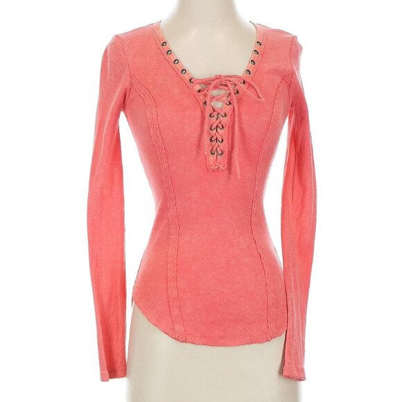 Free People XS Lace Up Long Sleeve Top Orange - Picture 1 of 2